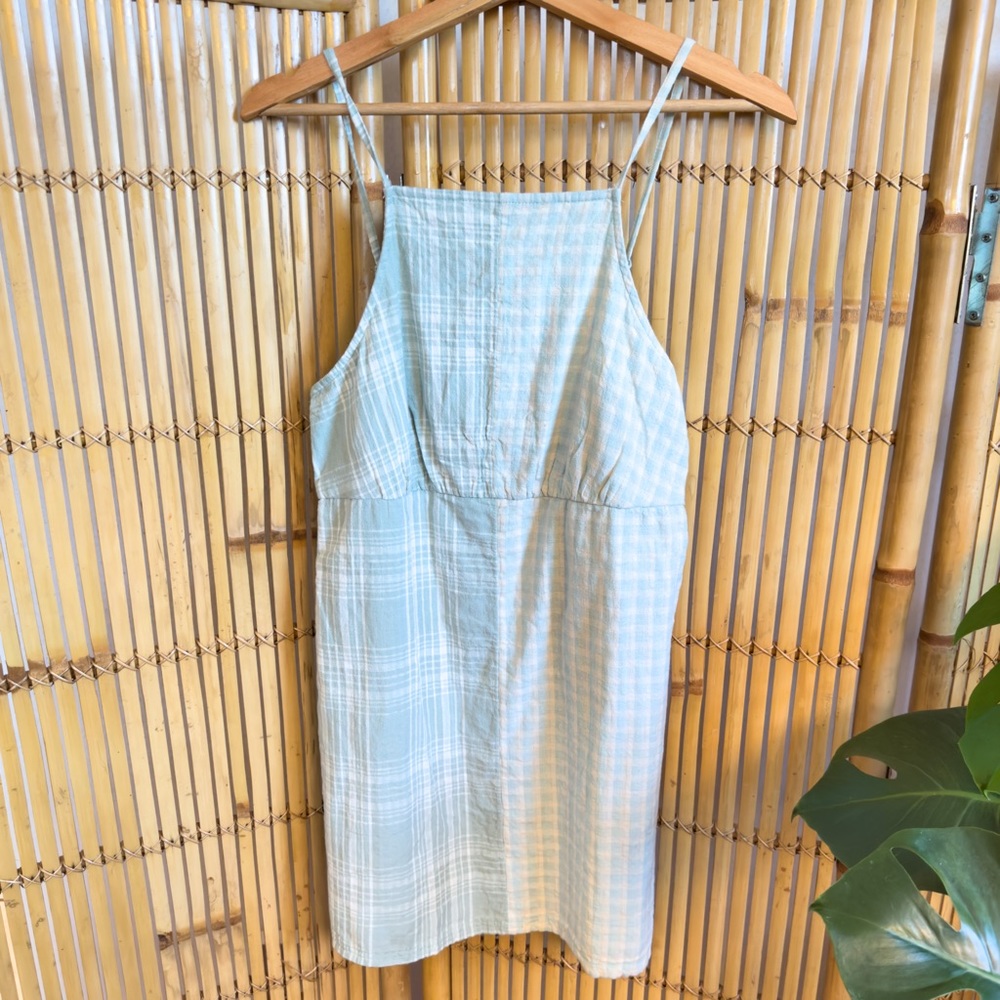 American Eagle Vintage 90’s Linen Sage/Blue Patchwork Plaid Mini Slip Dress